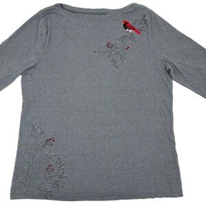 Croft & Borrow Christmas t-shirt XL 3/4 Sleeve Gray Rhinestones Red Bird Kohl's